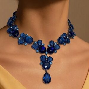 Signed, Scaasi CN, Blue Crystal Rhinestones Statement Necklace Arnold Isaacs
